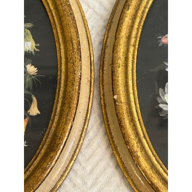 Mid 20th Century Vintage Floral Prints in Oval Florentine Frames - A Pair For Sale - Image 5 of 9