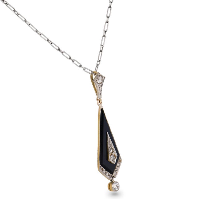 Traditional 1910s Edwardian Diamond Onyx 18k Yellow Gold Platinum Necklace For Sale - Image 3 of 7