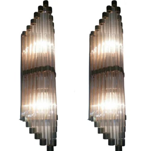 Pair Vintage 1940s Skyscraper Art Deco Wall Sconces Fixture Brass & Glass Rod Ship Light For Sale - Image 4 of 5