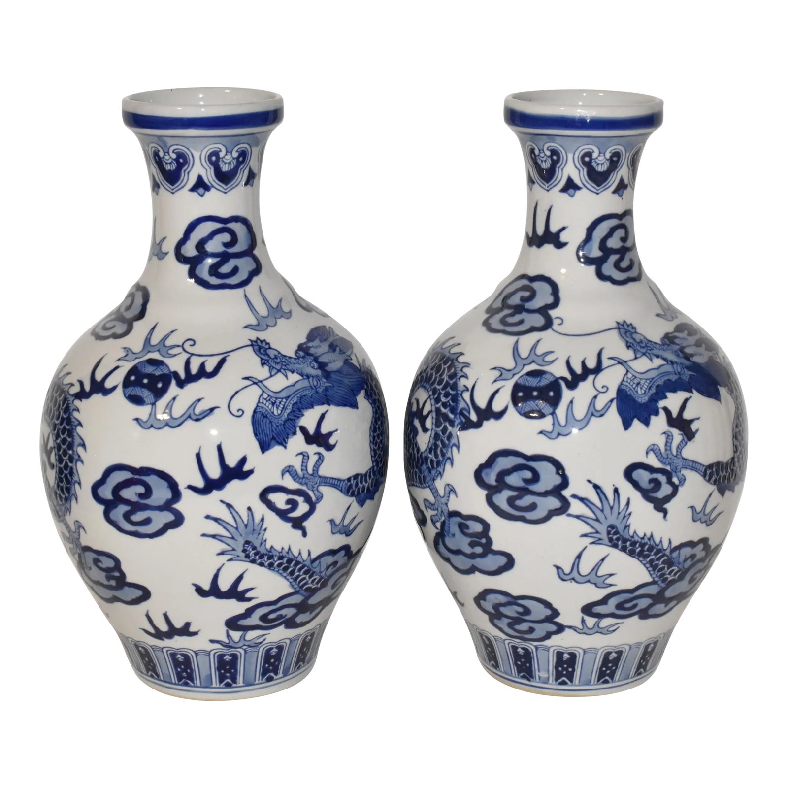Late 20th Century Vintage Chinese Cobalt Blue Dragon Vases Set of 2 Large Hand Painted Vases