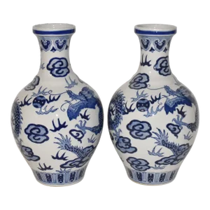 Late 20th Century Vintage Chinese Cobalt Blue Dragon Vases Set of 2 Large Hand Painted Vases