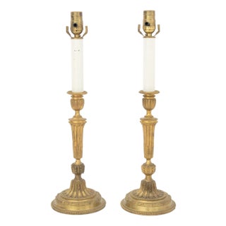 Pair of Louis XVI Style Gilt Brass Candlestick Lamps For Sale