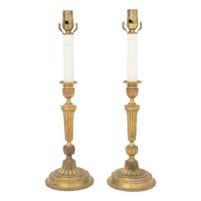 Pair of Louis XVI Style Gilt Brass Candlestick Lamps For Sale