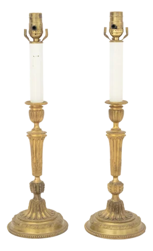 Pair of Louis XVI Style Gilt Brass Candlestick Lamps