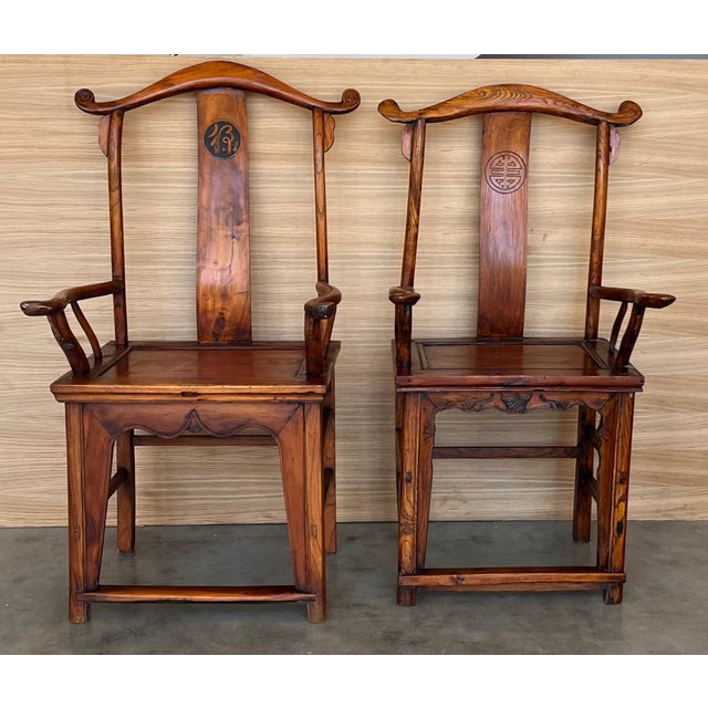 Early 20th Century Pair of Chinese Ming Style Carved Wood High Back Throne Armchairs For Sale - Image 17 of 18