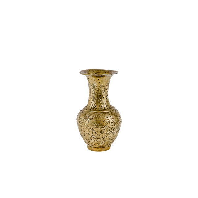 Mid 20th Century Pair of Vintage Chinese Etched Brass Vases For Sale - Image 5 of 11
