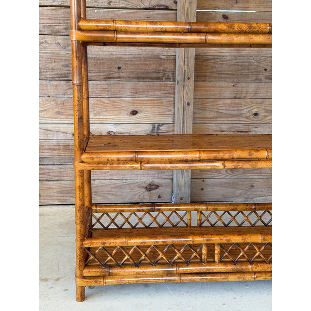 English Vintage Boho Coastal Brighton Pavilion Style Scorched Bamboo Étagère by Goldenrod For Sale - Image 3 of 12
