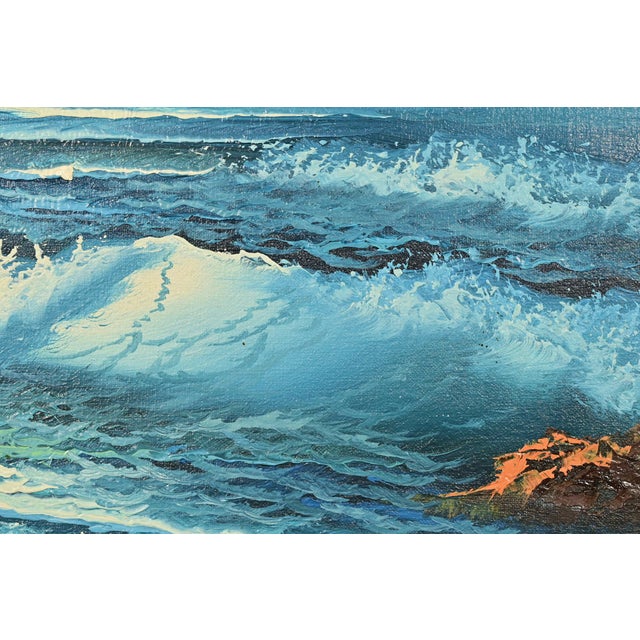Wood Original Signed A. Kirkham Framed Oil Painting on Canvas of Crashing Waves For Sale - Image 7 of 15