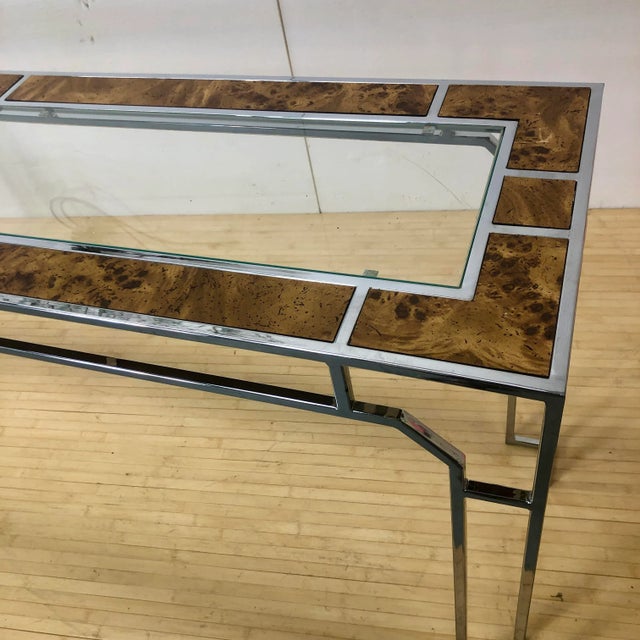 DIA - Design Institute America Milo Baughman Console Table | Burlwood Chrome and Glass For Sale - Image 4 of 11