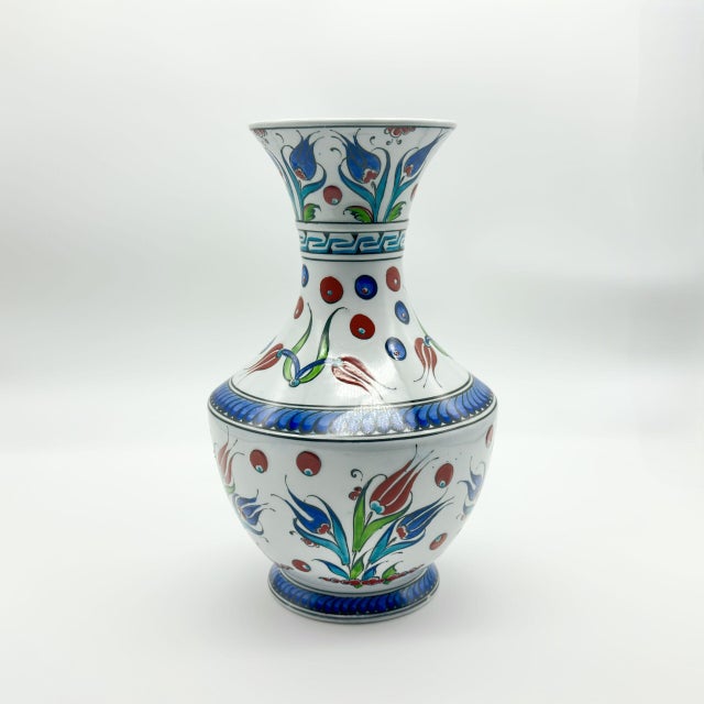 Handmade Ceramic Flared Vase (30cm) – Colorful Ottoman Tulips – Rustic Farmhouse Home Decor For Sale - Image 6 of 8