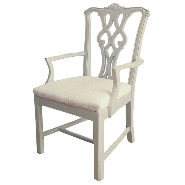 20thC Painted Chippendale-Style Armchairs, Pale Gray/ Taupe Gingham Seats - A Pair For Sale - Image 4 of 8