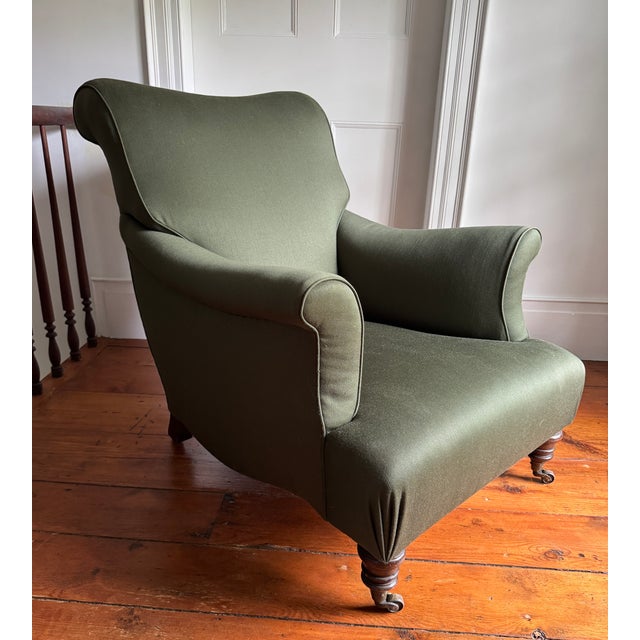 French Pair of Vintage Napoleon III-Style Wingback Lounge Chairs on Casters For Sale - Image 3 of 5