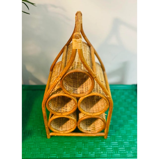 Hollywood Regency 1970s Vintage Boho Coastal Wicker Rattan Sculptural Wine Bottle Rack Holder For Sale - Image 4 of 11