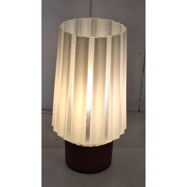 Mid-Century Modern Mid-Century Table Lamp with Teak Base and White Striped Glass Shade, 1960s For Sale - Image 3 of 7