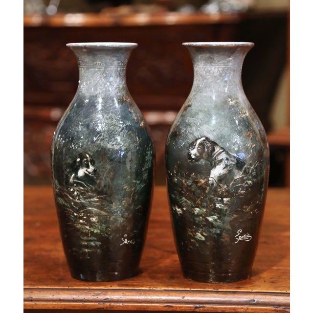 19th Century French Saint Amand Painted Ceramic Vases With Dog Motifs by Petit For Sale - Image 12 of 12