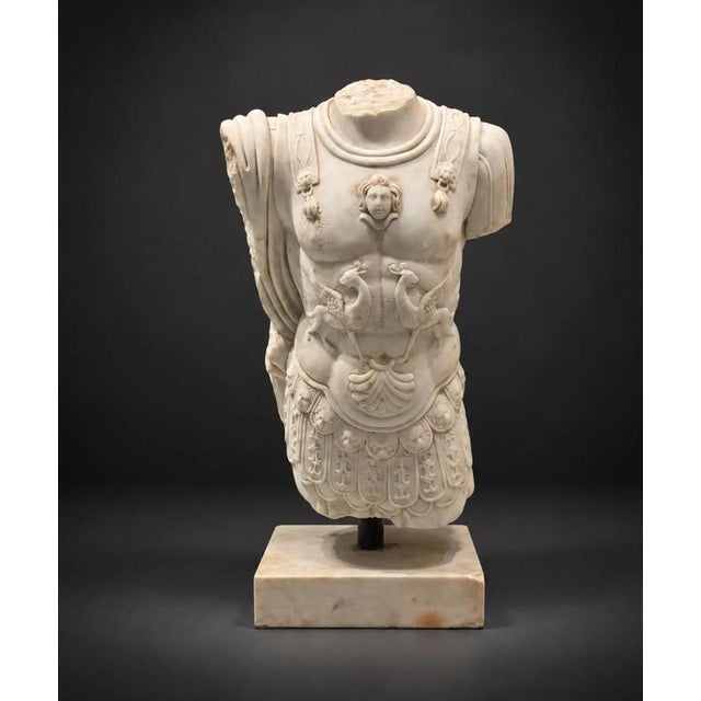 Spectacular Italian sculpture, early 19th century "Male Bust" featuring draped attire and a *lorica musculata* (muscled...