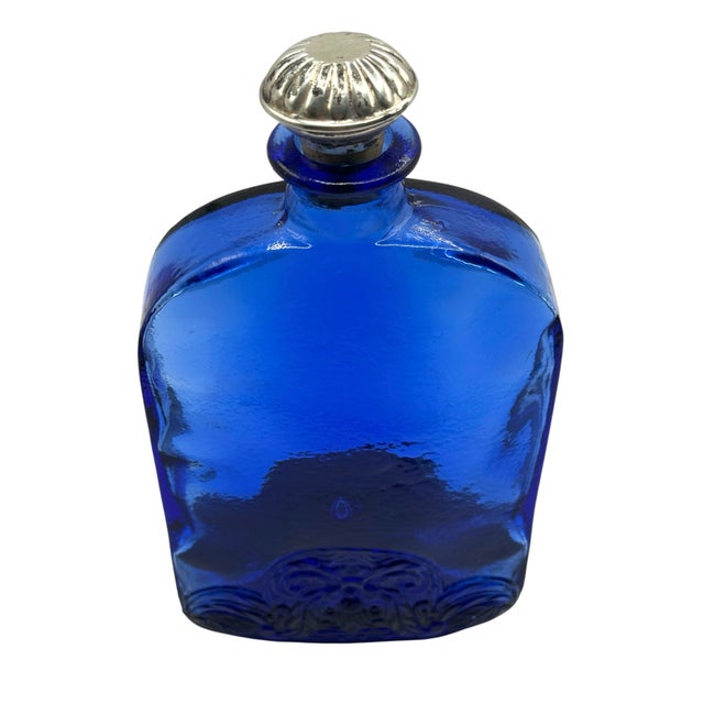 Vintage Cobalt Blue Spanish Art Glass Flask With Ornate Embossed Scrollwork Medallion For Sale - Image 10 of 12