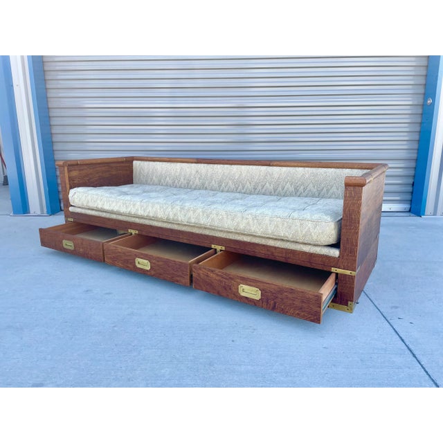 1960s Mid-Century Campaign Style Tiger Oak Daybed Sofa With Storage Drawers by Marge Carson For Sale - Image 10 of 13