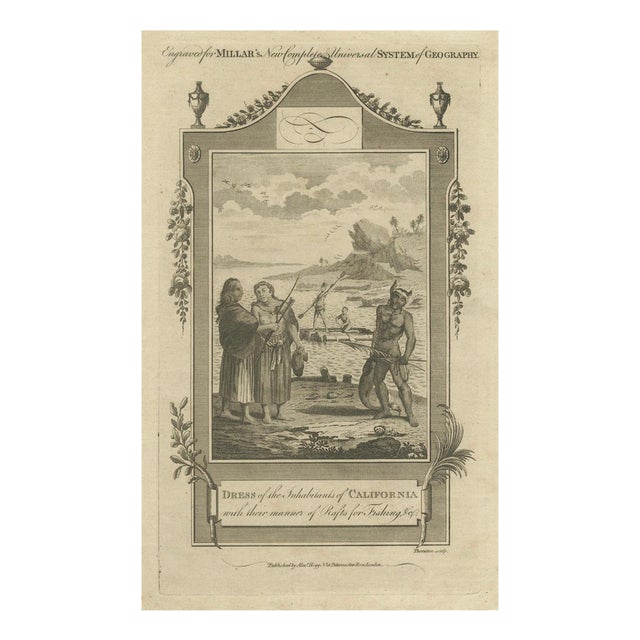 California Indigenous Dress and Fishing Rafts, 1754, Paper For Sale