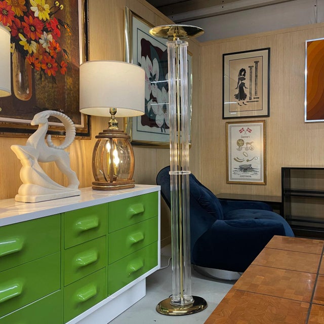 Metal Art Deco Inspired Clear Acrylic Lucite and Gold Brass Torchiere Floor Lamp For Sale - Image 7 of 12