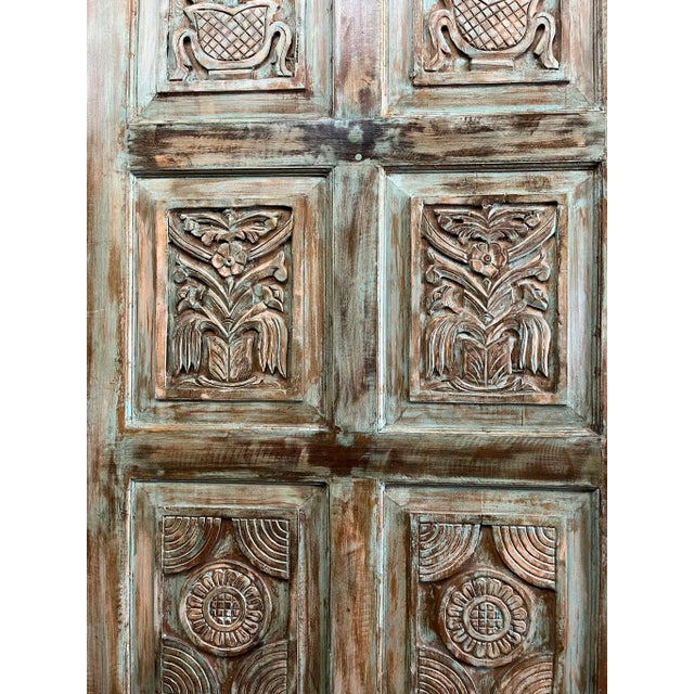 Vintage Green Artisan Carved Door – Reclaimed Wood Barn Door Wall Panel 80x36 For Sale - Image 4 of 8