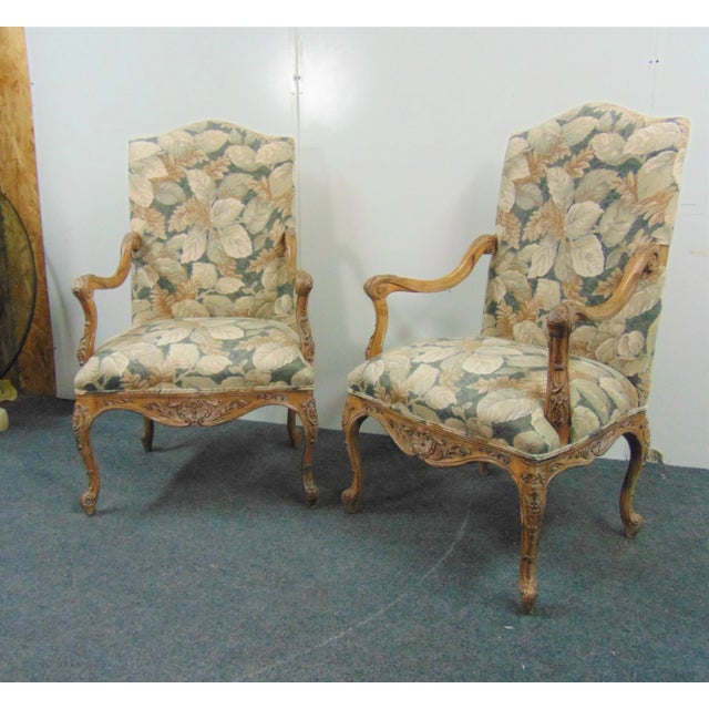 Brown Louis XV Faux Painted Carved High Back Arm Chairs - a Pair For Sale - Image 8 of 8