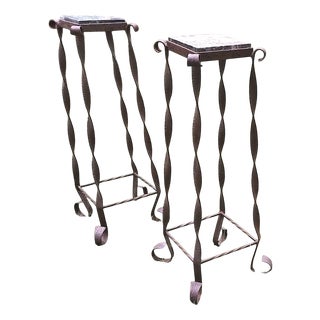 Brutalist Wrought Iron and Veined Marble Garden Columns, Set of 2 For Sale