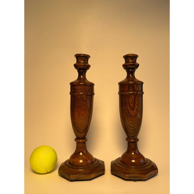 A Pair of English Traditional Empire Solid Oak Wood Candlesticks For Sale - Image 12 of 12