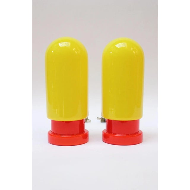 Pair of Swedish Modern "Capsule" Art Glass Table Lamps in Yellow and Red For Sale - Image 11 of 11
