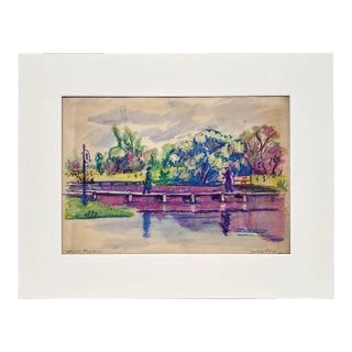 1930s Watercolor and Colored Pencil Drawing of a Casting Pond by Artist Harold Haydon For Sale