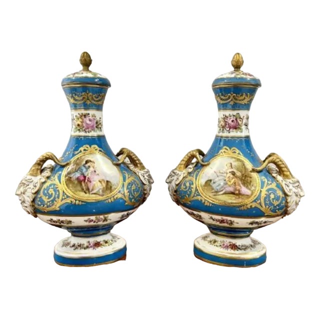 Victorian French Severs Lidded Vases, 1860s, Set of 2 For Sale