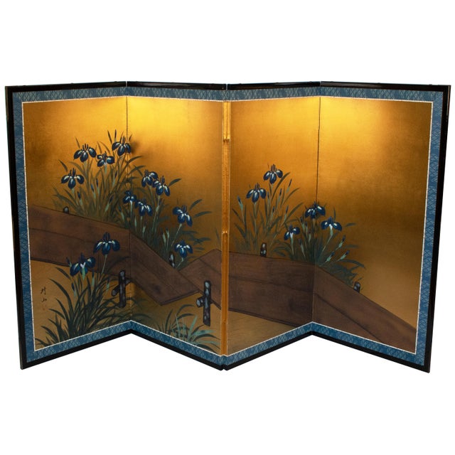 "Rinpa Iris Yatsuhashi" by Taizan, Heisei Era Japanese Painted Byobu Screen For Sale In Dallas - Image 6 of 18