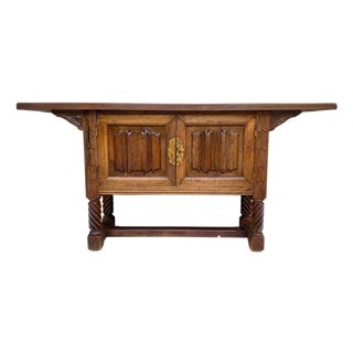 Early 20th Century Spanish Hand Carved Console Table with Two Doors For Sale