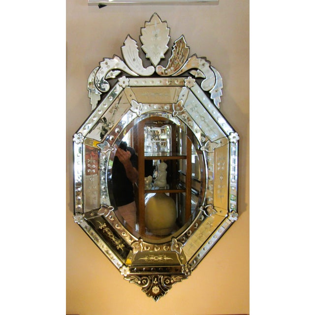 Antique French Venetian Style Etched and Beveled Glass Wall Mirror Circa 1920s For Sale - Image 4 of 12