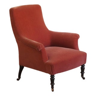 Antique Velvet Armchair with Turned Legs on Casters, 1880s For Sale