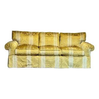 Classic English Roll Arm Sofa in Golden Damask – Skirted, Tailored, Designer Ready For Sale