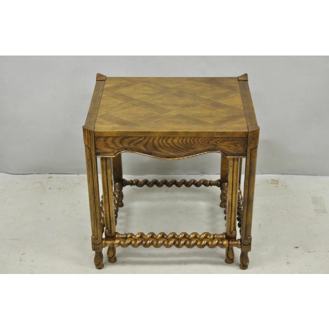 Vintage Baker Barley Twist Oak Parquetry Inlay Nesting Step Lamp Side Tables For Sale - Image 13 of 15