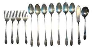Wm. Rogers Brothers Silverplate “First Love”, Long Teaspoons, Appetizer Forks, Sugar Spoon, Pat Spreader - Set of 13