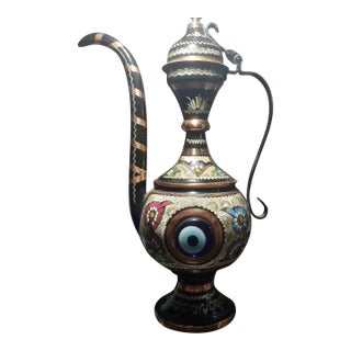 Vintage Turkish Copper & Enamel Evil Eye Ewer | Hand-Painted Nazar Decorative Vessel, 1970s For Sale