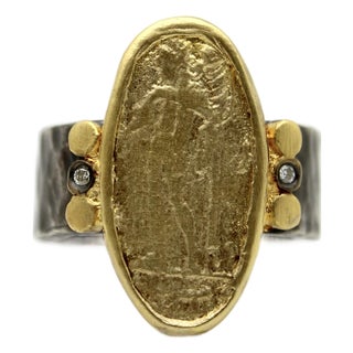 1990s Ancient-Inspired Classical Sterling Silver and 24k Gold Ring With Diamonds, Size 7 For Sale