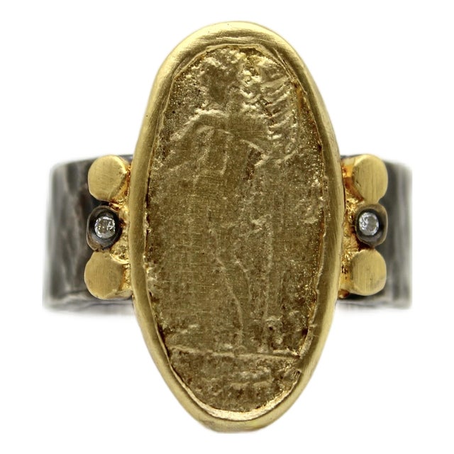 1990s Ancient-Inspired Classical Sterling Silver and 24k Gold Ring With Diamonds, Size 7 For Sale