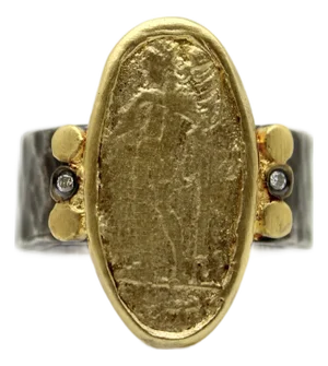 1990s Ancient-Inspired Classical Sterling Silver and 24k Gold Ring With Diamonds, Size 7