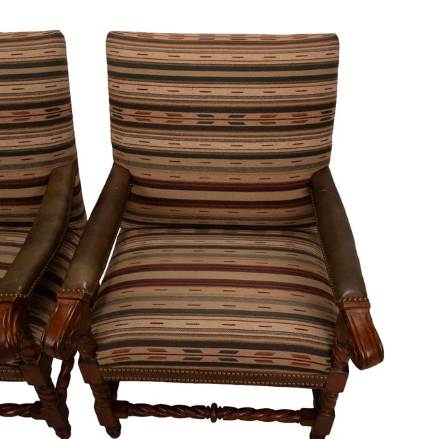 Wood 1990s Hancock & Moore Louis XIII French Style Barley Twist Throne Armchairs W/ Southwestern Wool Geometric Fabric For Sale - Image 7 of 17