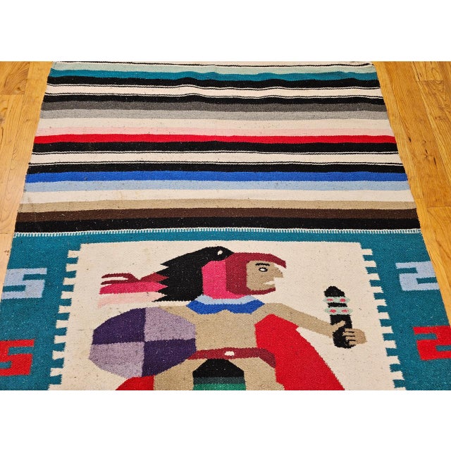 American Vintage Southwestern Pictorial Kilim Rug, Handwoven Aztec Design, Blue & Ivory, 4x8 For Sale - Image 3 of 8