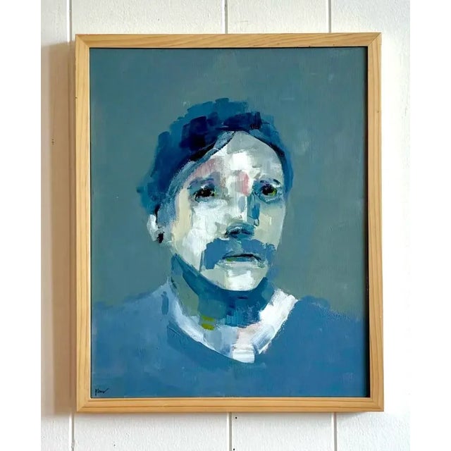 Late 20th Century Vintage Abstract Grey Blue Portrait in Wood Frame For Sale - Image 5 of 5