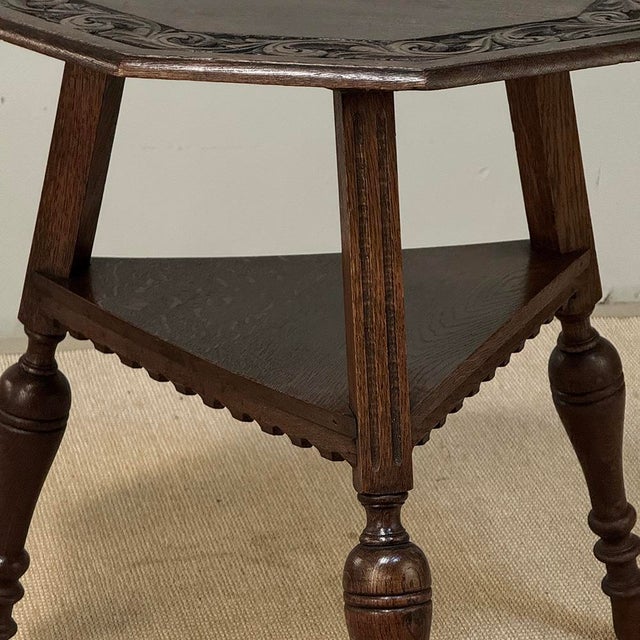Antique English Nine Sided Carved Oak Spool Leg Occasional Table For Sale - Image 12 of 17