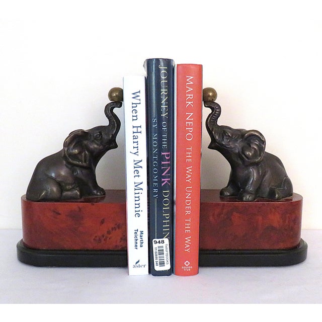 Mid 20th Century Pair of Patinated Bronze Elephant With Trunk Up Bookends For Sale - Image 5 of 5