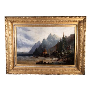19th Cen Norway Coastal Landscape Oil Painting in 1883 Gold Leaf Frame 19" X 26" For Sale