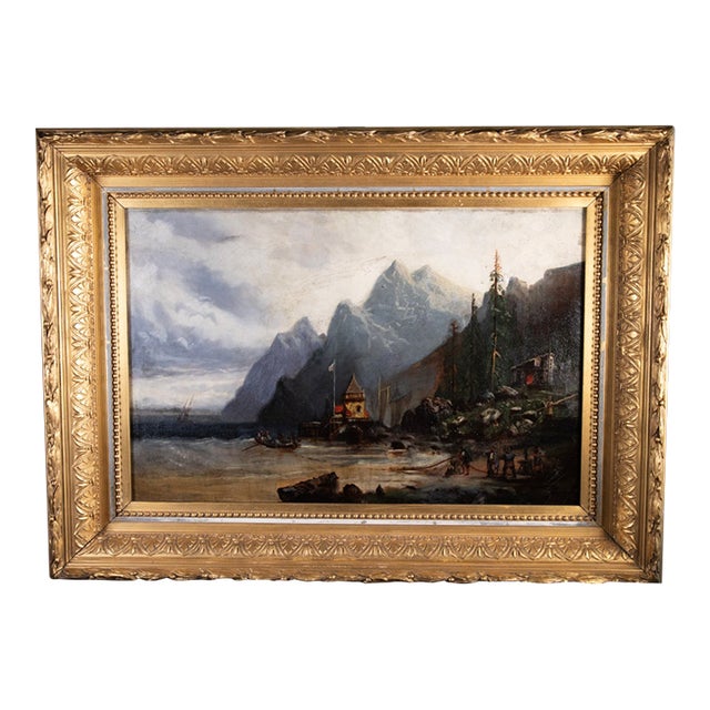 19th Cen Norway Coastal Landscape Oil Painting in 1883 Gold Leaf Frame 19" X 26" For Sale