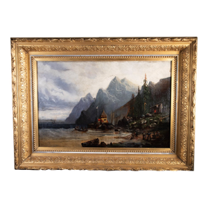 19th Cen Norway Coastal Landscape Oil Painting in 1883 Gold Leaf Frame 19" X 26"